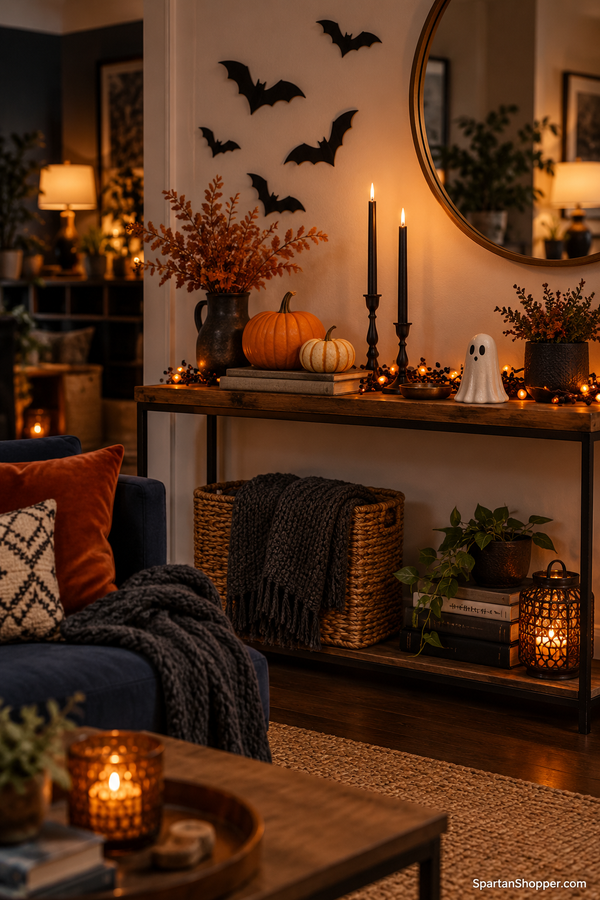 Cozy indoor Halloween living room with pumpkins, bat wall decorations, warm lights, and a ceramic ghost.