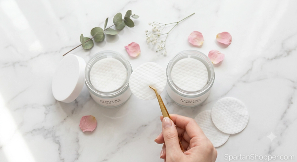 Korean toner pad jars with tweezers flat lay on white marble