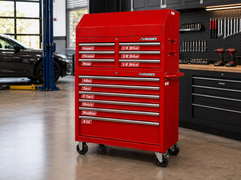 VoltariTek red magnetic toolbox labels on a full Husky tool chest and rolling cabinet in a professional garage