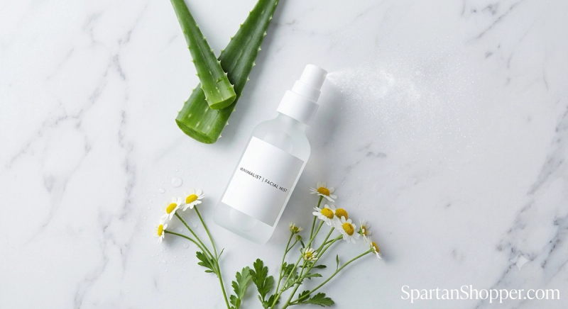 Hypochlorous acid facial spray with aloe and chamomile flat lay on white marble