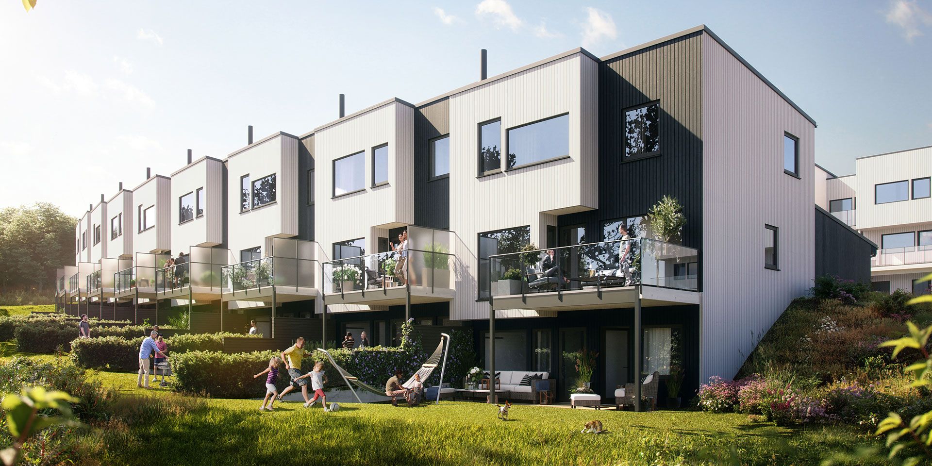 Ni romslige rekkehus som skal bygges på Hovemarka på Austrått 