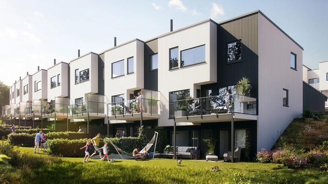Ni romslige rekkehus som skal bygges på Hovemarka på Austrått 