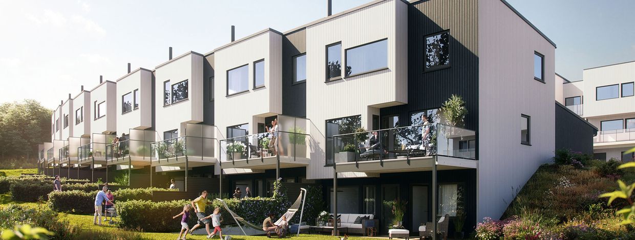 Ni romslige rekkehus som skal bygges på Hovemarka på Austrått