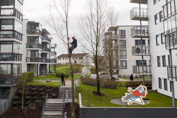 Illustrasjon av mann som slapper av mens vaktmesteren jobber