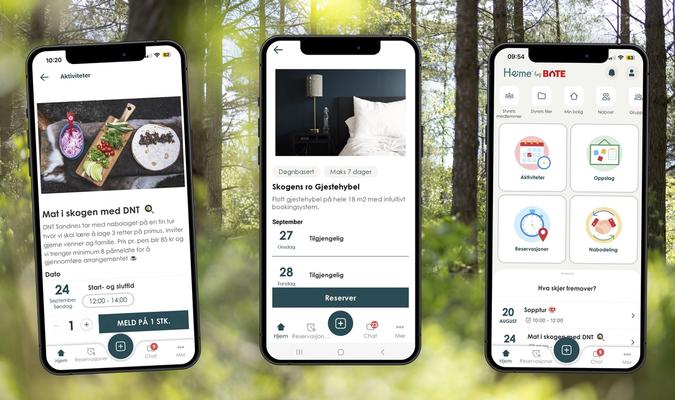 Tre mobiler som viser appen Heime hos Bate