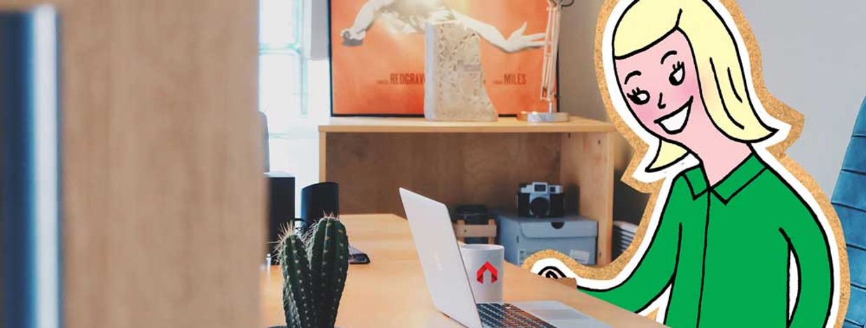 Illustrasjon av dame foran pc