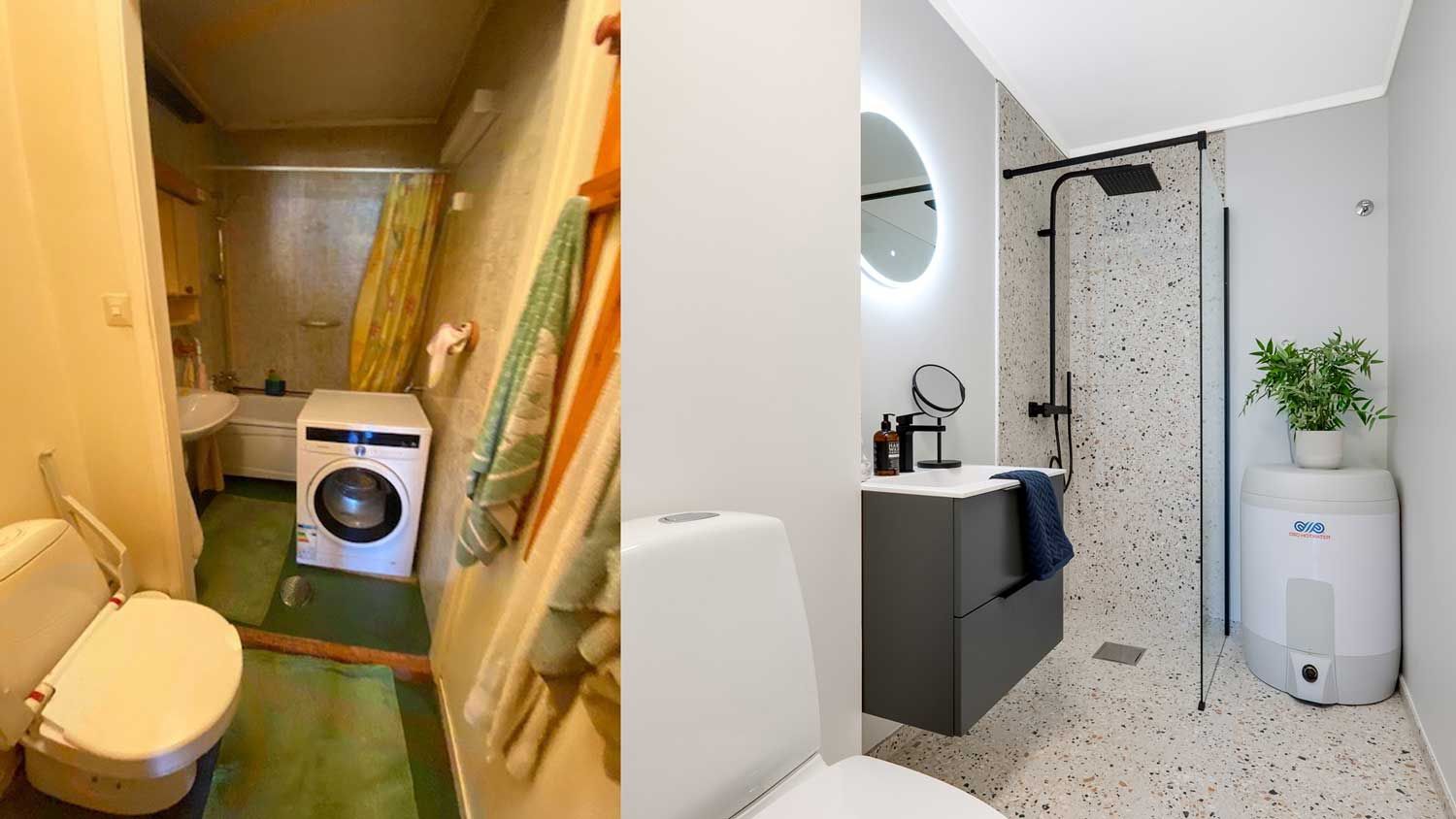 to bilder av et baderom