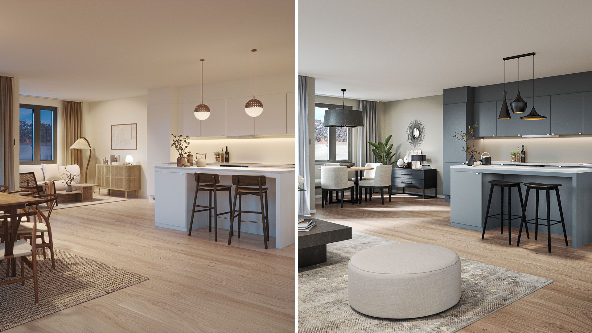 To illustrasjoner av samme kjøkken, men i ulike stiler