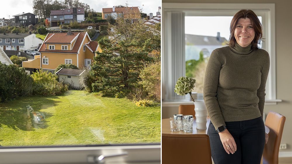 kollasj av hage sett fra vindu og dame på kjøkkenet