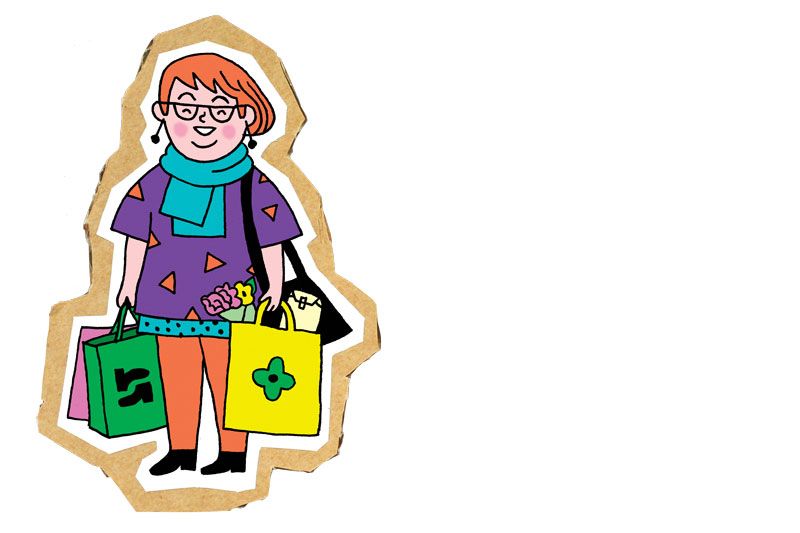 Illustrasjon av dame med handleposer