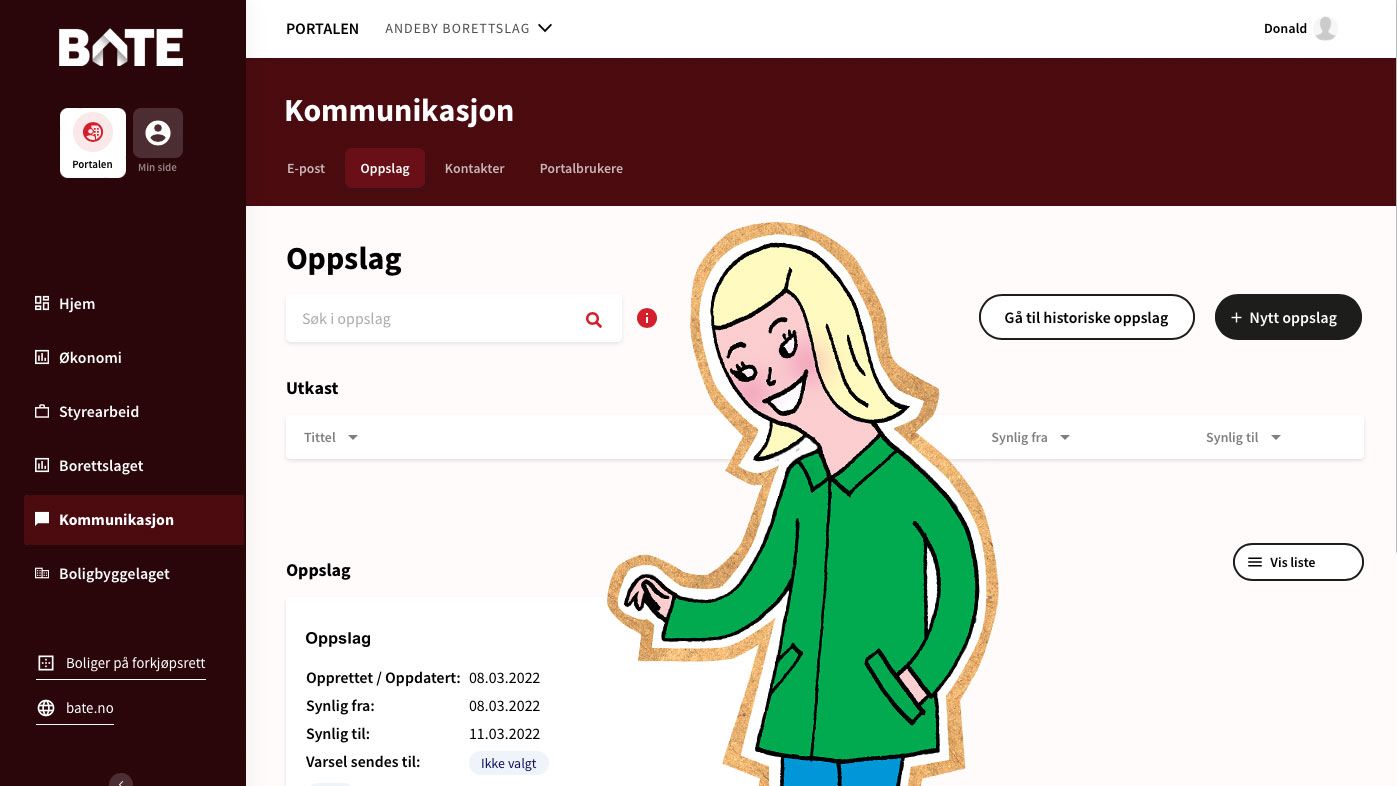 I Portalen kan du lage oppslag som vises på eiernes Min side på bate.no