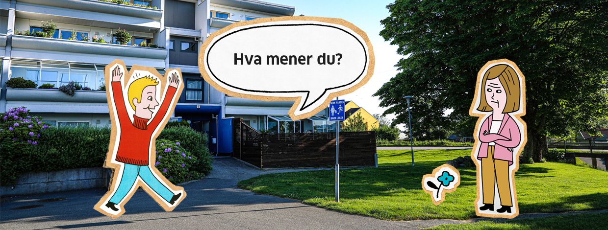 pappfigurer en glad gutt og en sur dame