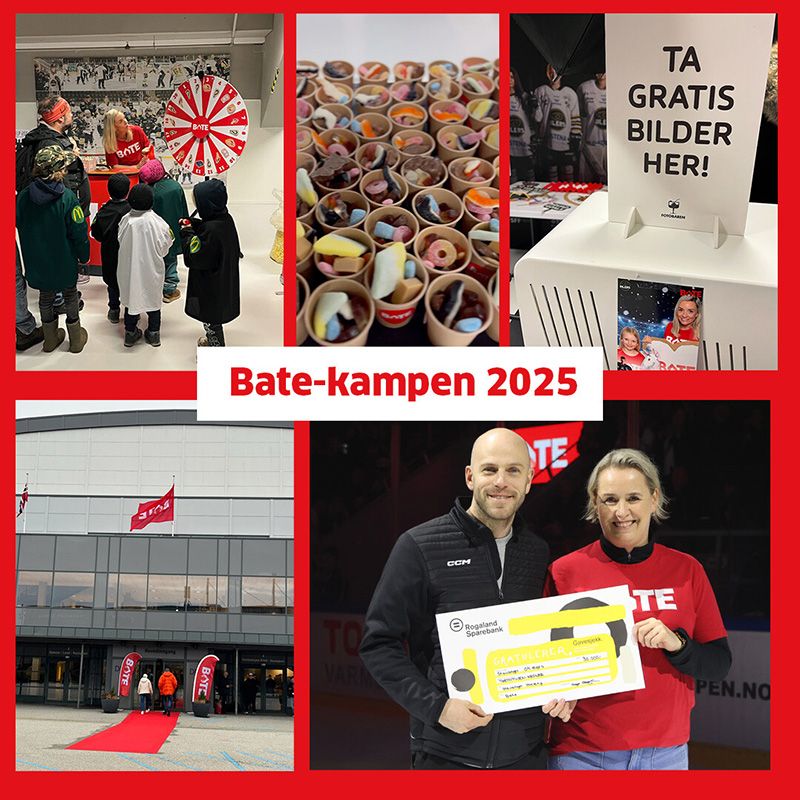 kollasj fra ishockeykamp med barn, lykkehjul, snop, gavesjekk og fotobar