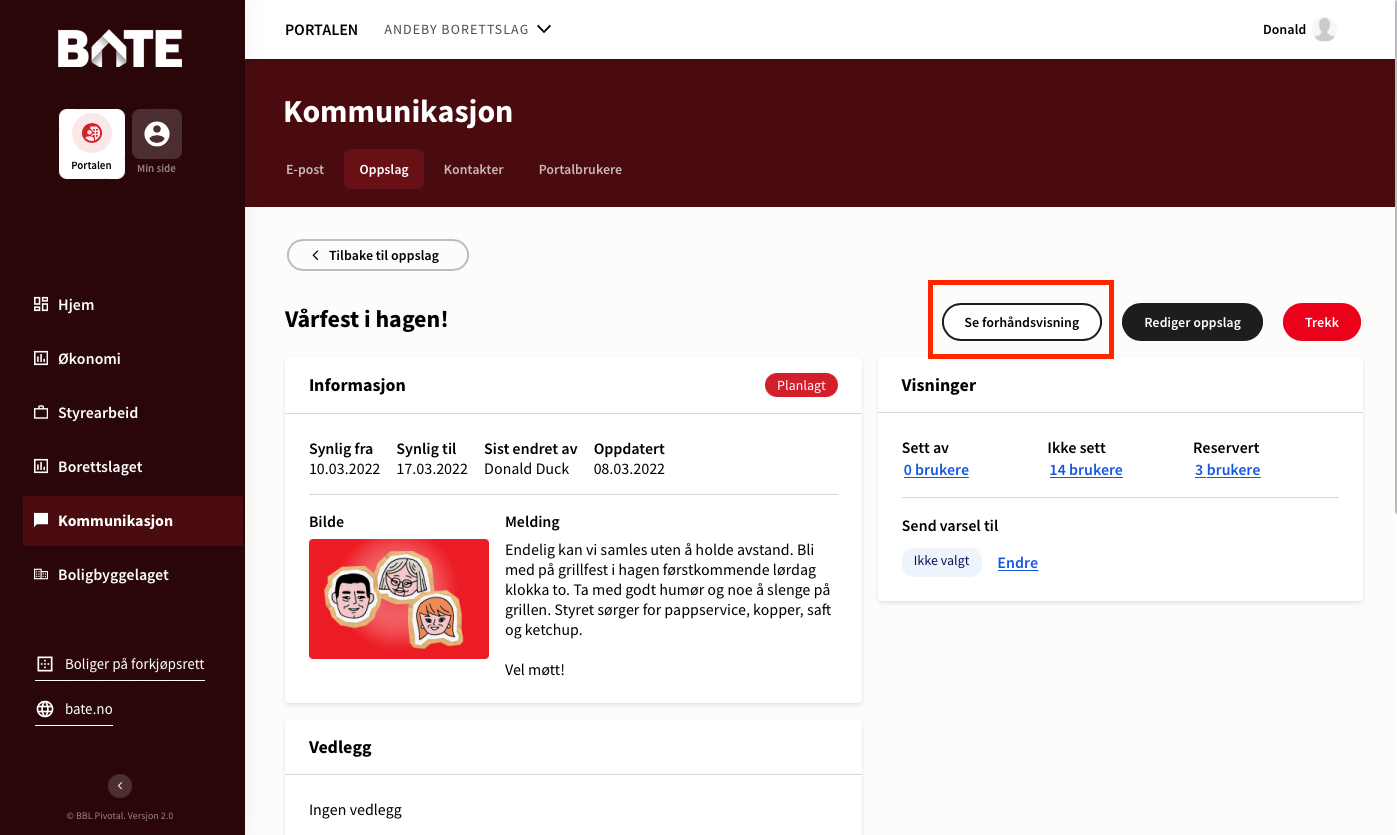 Trykk på "Se forhåndvisning" for å se hvordan oppslaget ser ut for eierne på Min side