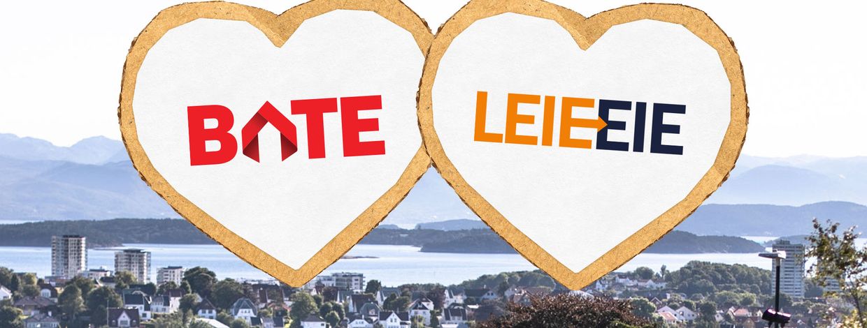 Bilde av by i bakgrunnen, Bate- og LeieEie-logo i hvert sitt hjerte i forgrunnen