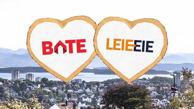 Bilde av by i bakgrunnen, Bate- og LeieEie-logo i hvert sitt hjerte i forgrunnen