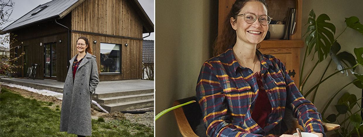 kvinne i et minihus omgitt av planter