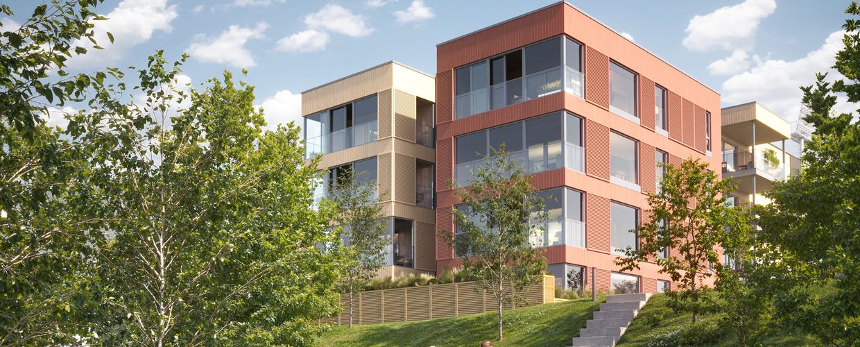 Parkområder ved den nye leilighetsbygget Lebakken Torg