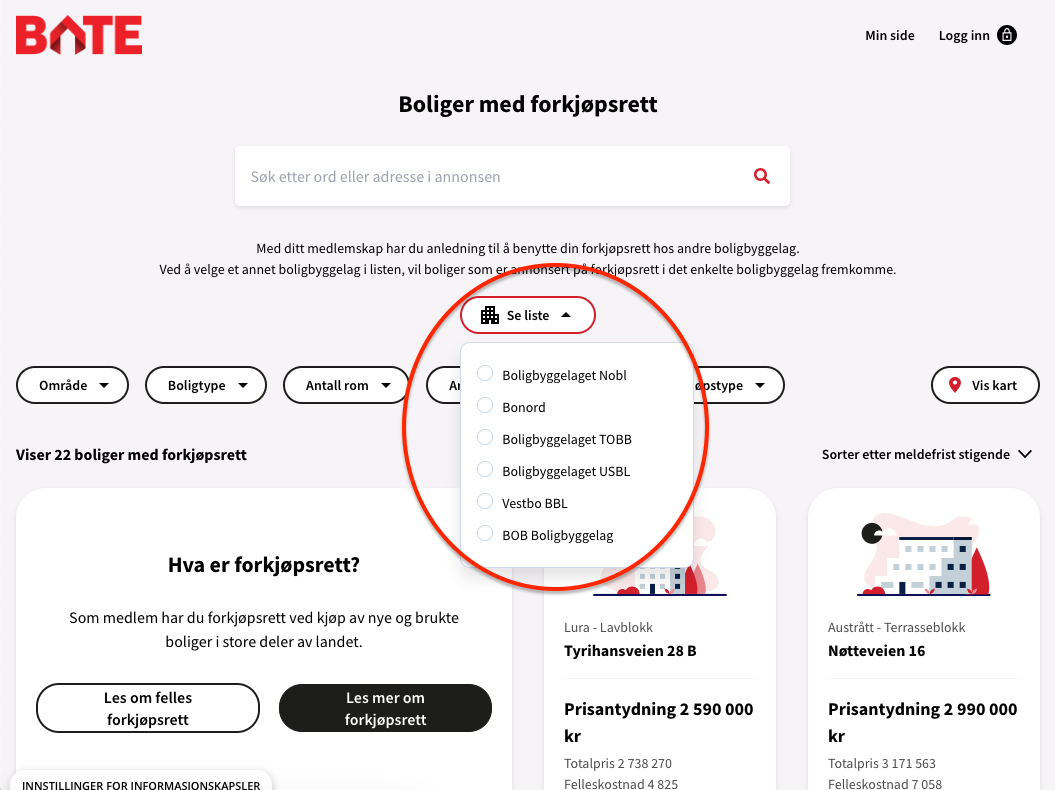 Klikk på knappen "Se liste" for å finne boliger fra andre boligbyggelag. 