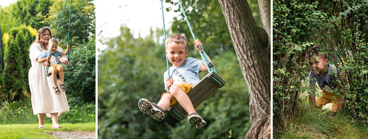 bilde 1: mor gir fart på huske, bilde 2: barn på huske, bilde 3: barn kryper gjennom hekken
