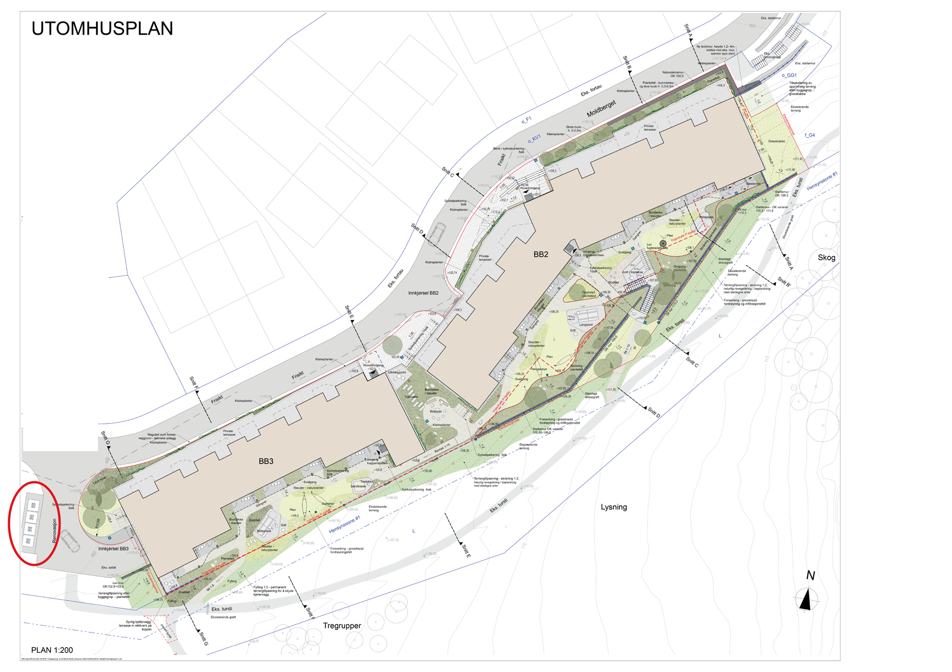 Utomhusplan for Skogens ro med markerte søppelcontainere