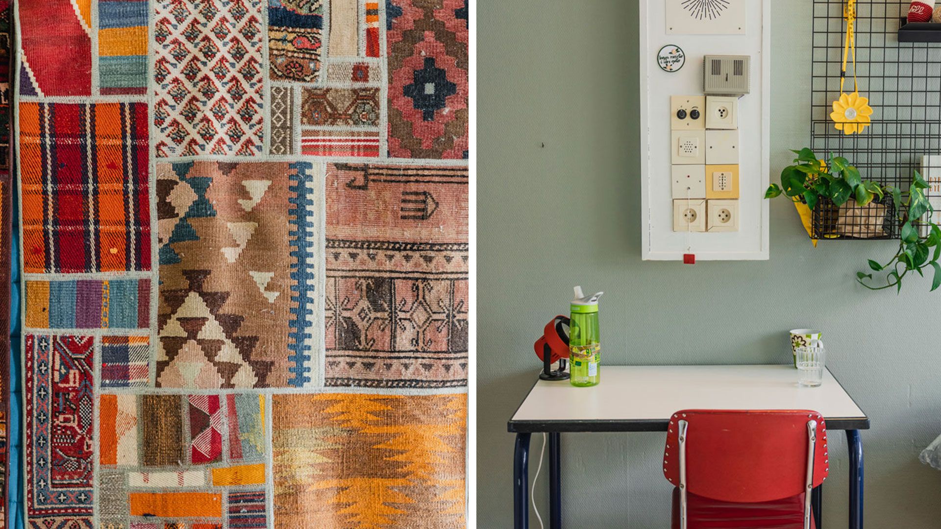 lappeteppe og kontor med gjenbruksmøbler