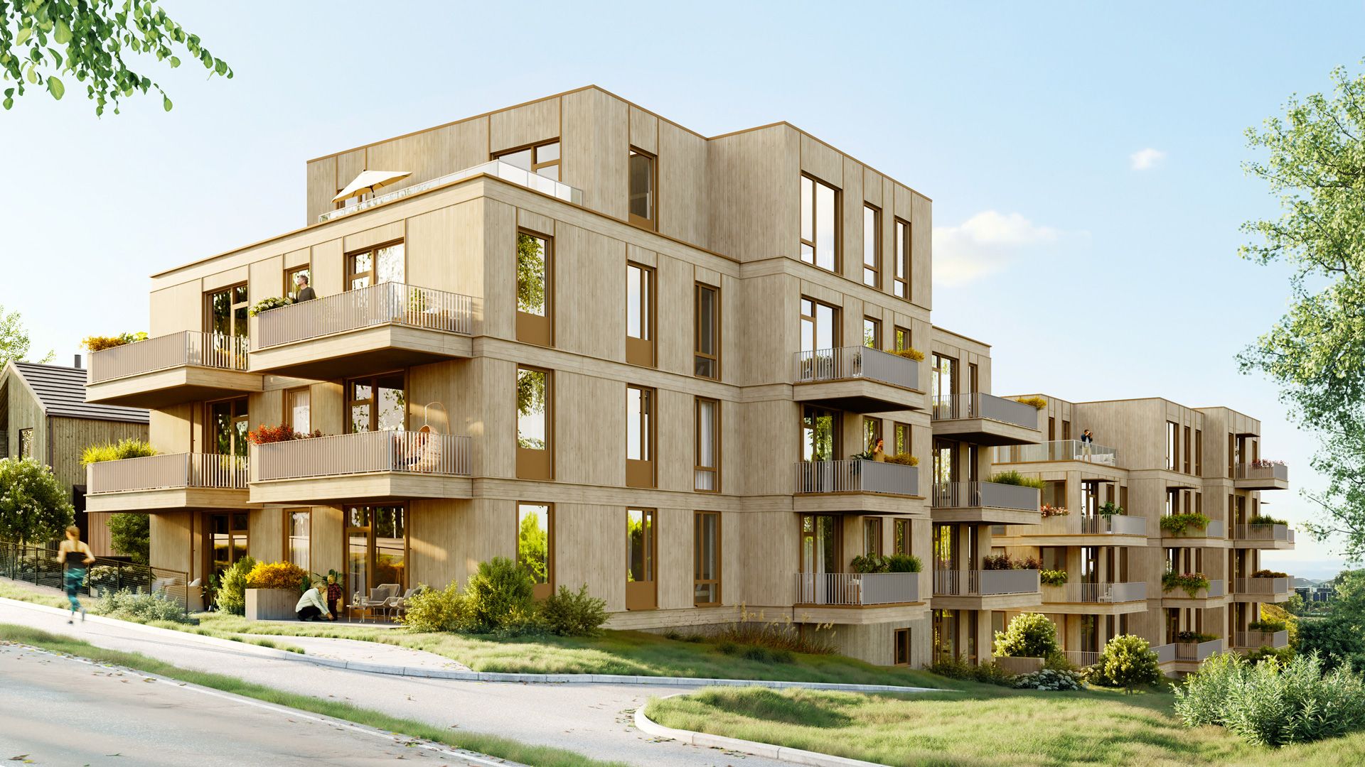 To leilighetsbygg i tre i Jåtunbakken