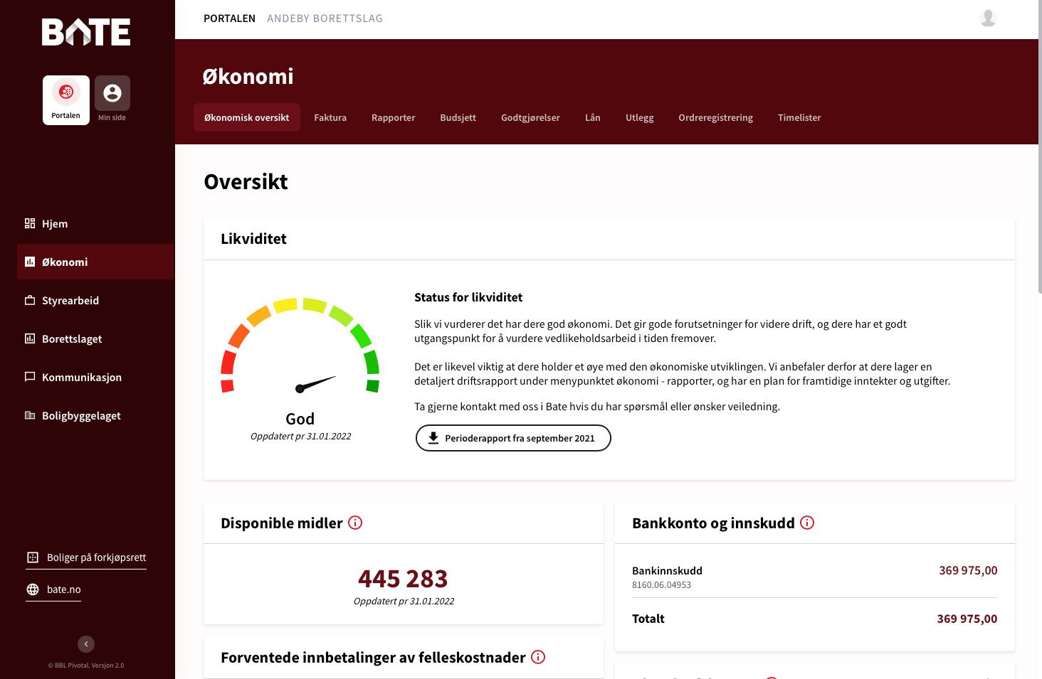 Menypunktet Økonomisk oversikt i Portalen