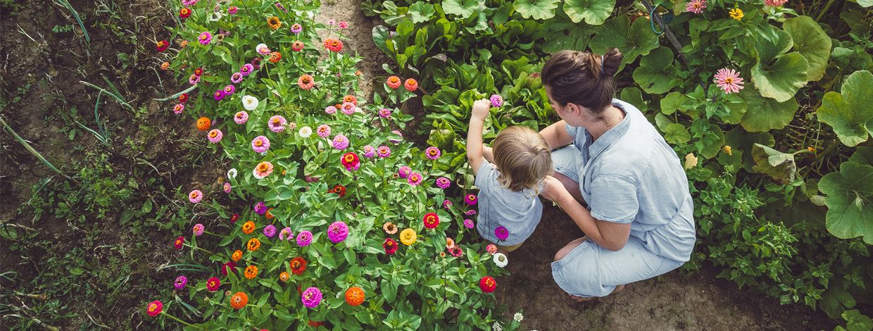 Barn og mor i blomstereng