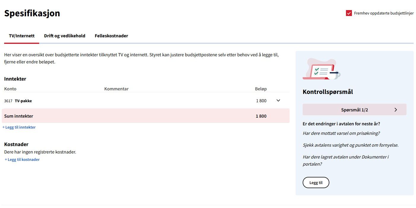 Skjermbilde av spesifikasjonmodulen