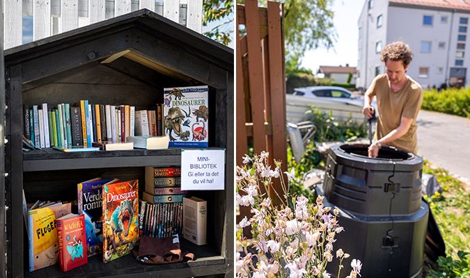 Seehusens gate sitt minibibliotek og kompostbinge