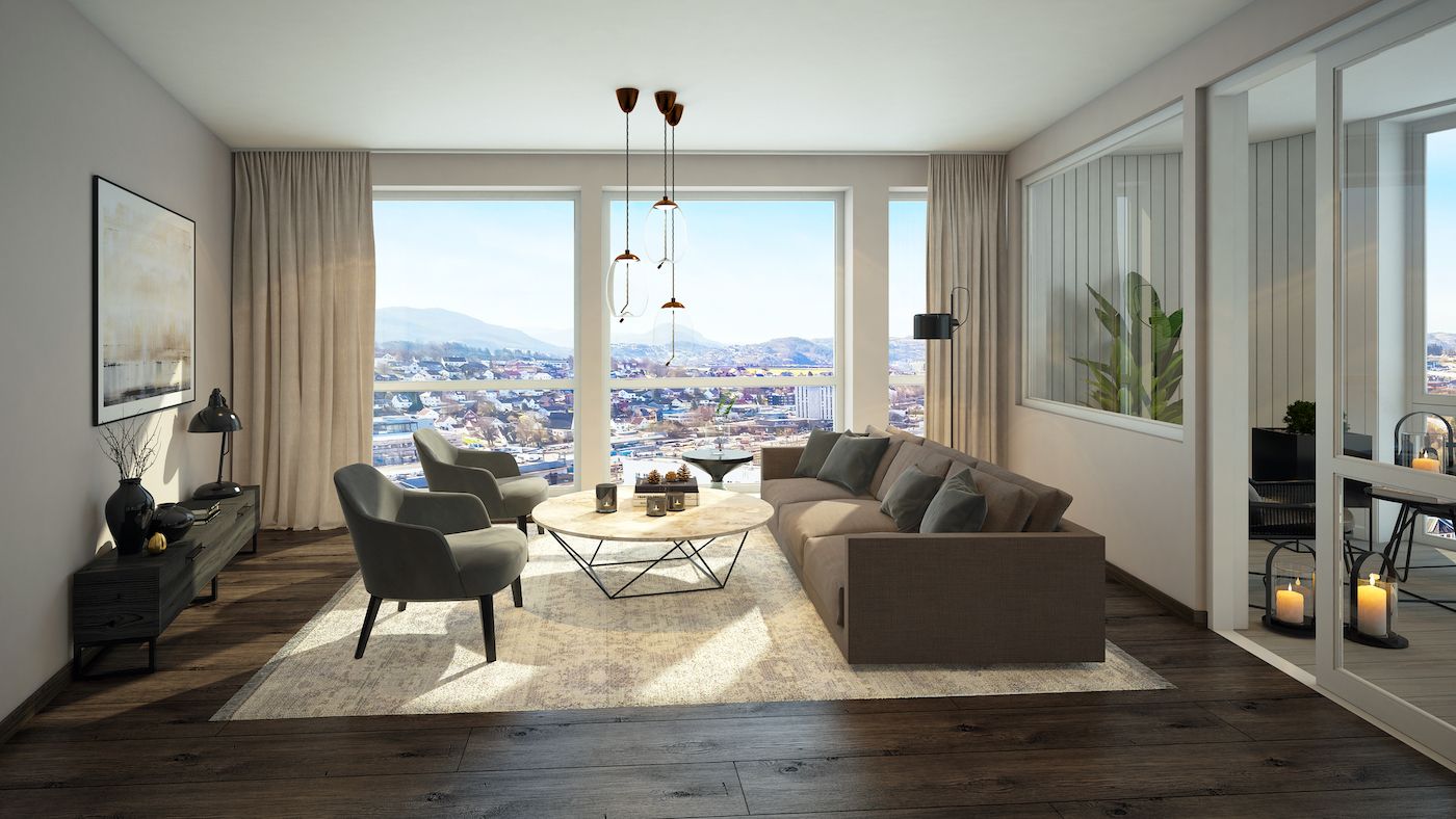 Illustrasjonbilde av stue og kjøkken bolig