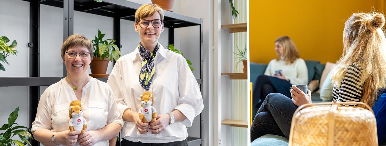 bilde 1: damer med ekornbamser, bilde 2: damer i sofa