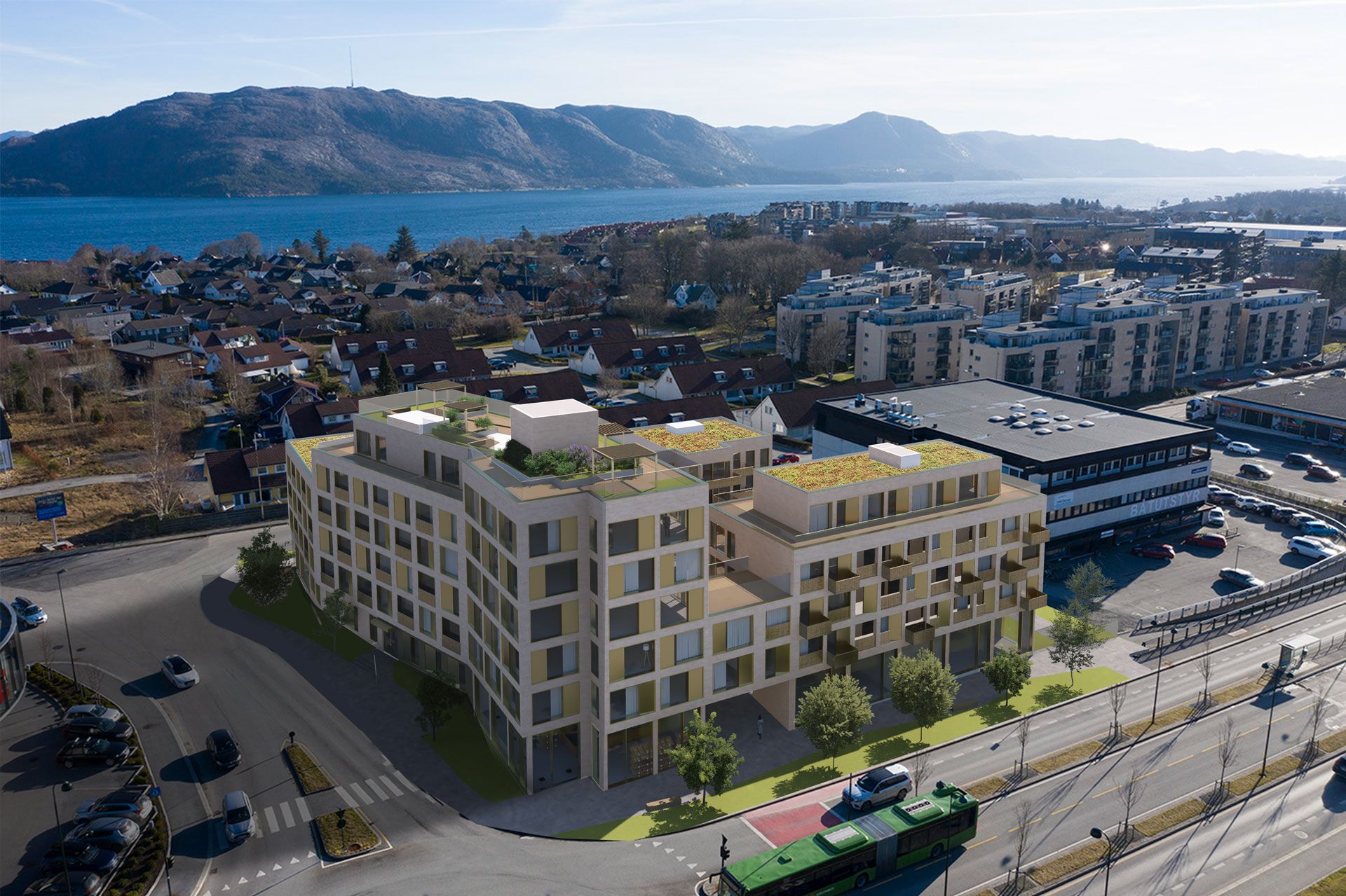 Illustrasjon av planlagte nybygg i Langflåtveien 1-3