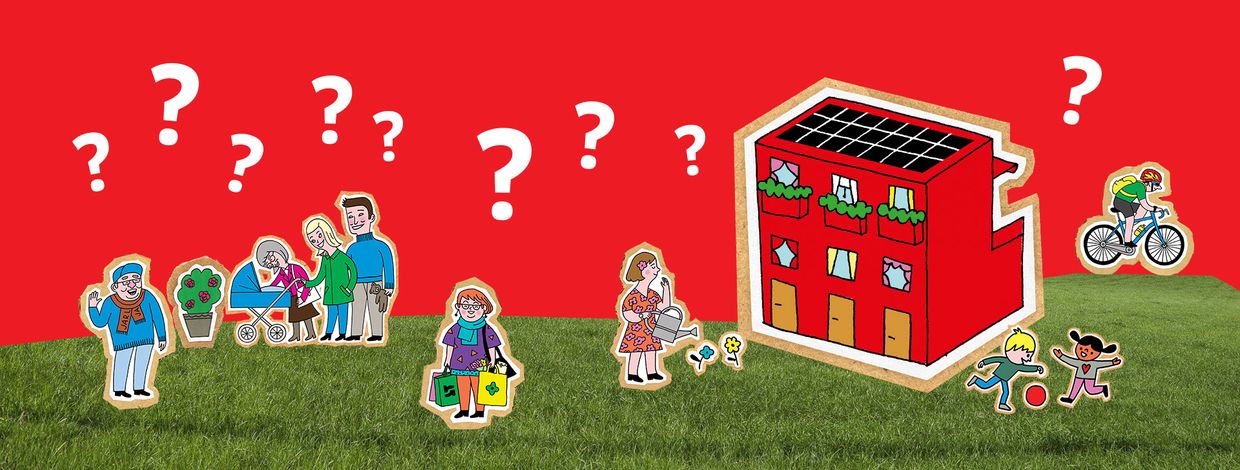 Illustrasjon av borettslag og menneskene som bor der