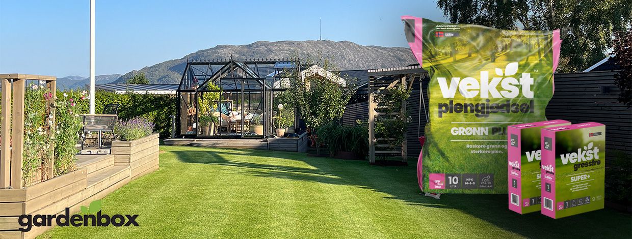 hage med gardenbox-logo og bilde av plengjødsel- og gressfrøposer