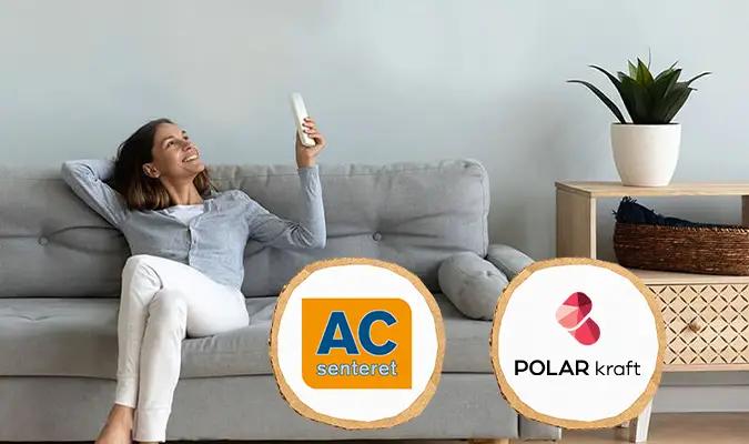 dame i sofa og logo polar kraft og acsenteret