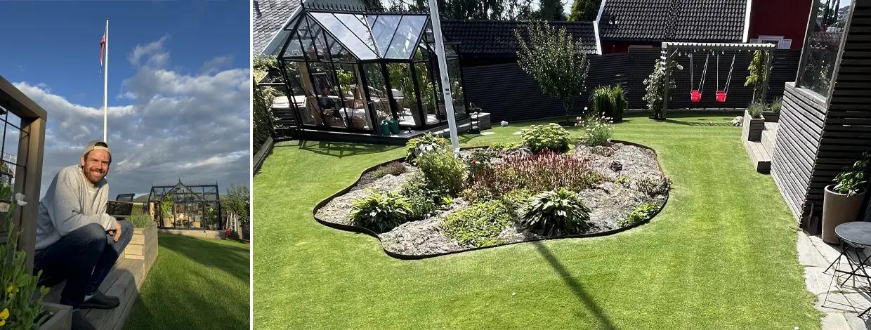 kollasj mann sitter på trapp og sommerhage