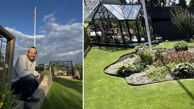 kollasj mann sitter på trapp og sommerhage