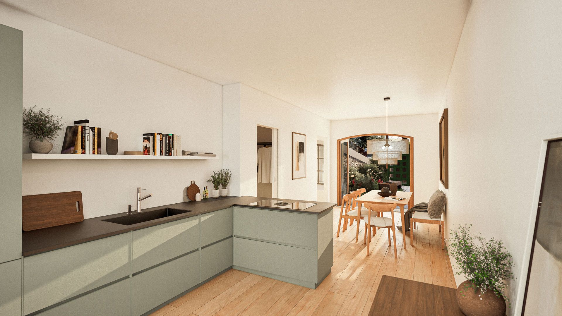 Kjøkken og spiseplass i leilighet 106 midt i låven. 