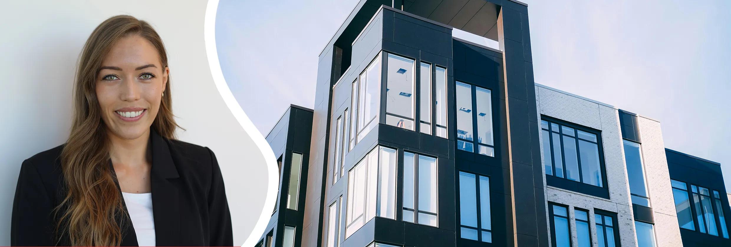 Bilde av Kristine Edvardsen sammen med en boligblokk