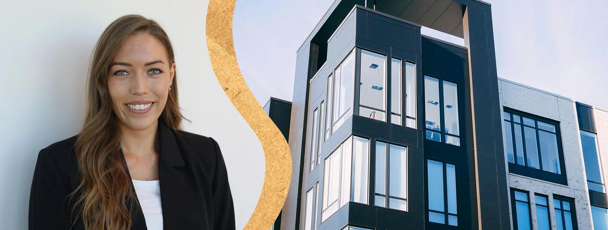 Bilde av Kristine Edvardsen sammen med en boligblokk