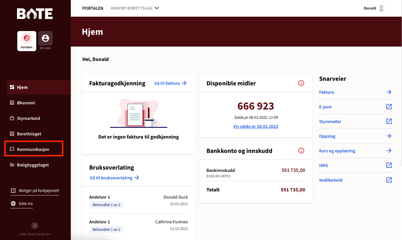 Logg deg inn på Portalen og klikk på Kommunikasjon