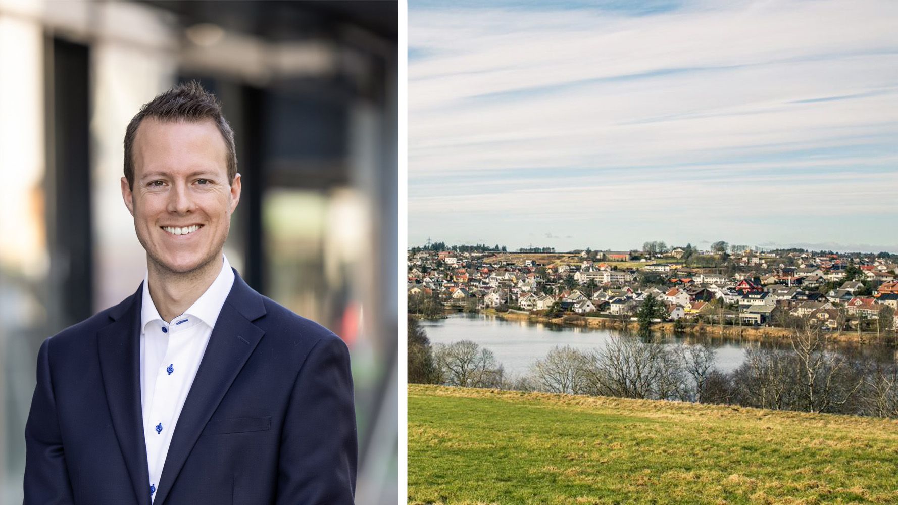 Bilde av mann og bilde av eneboliger ved et vann