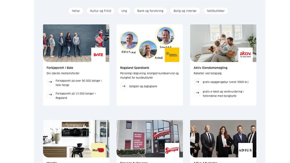 skjermbilde av medlemsfordeler-oversikt