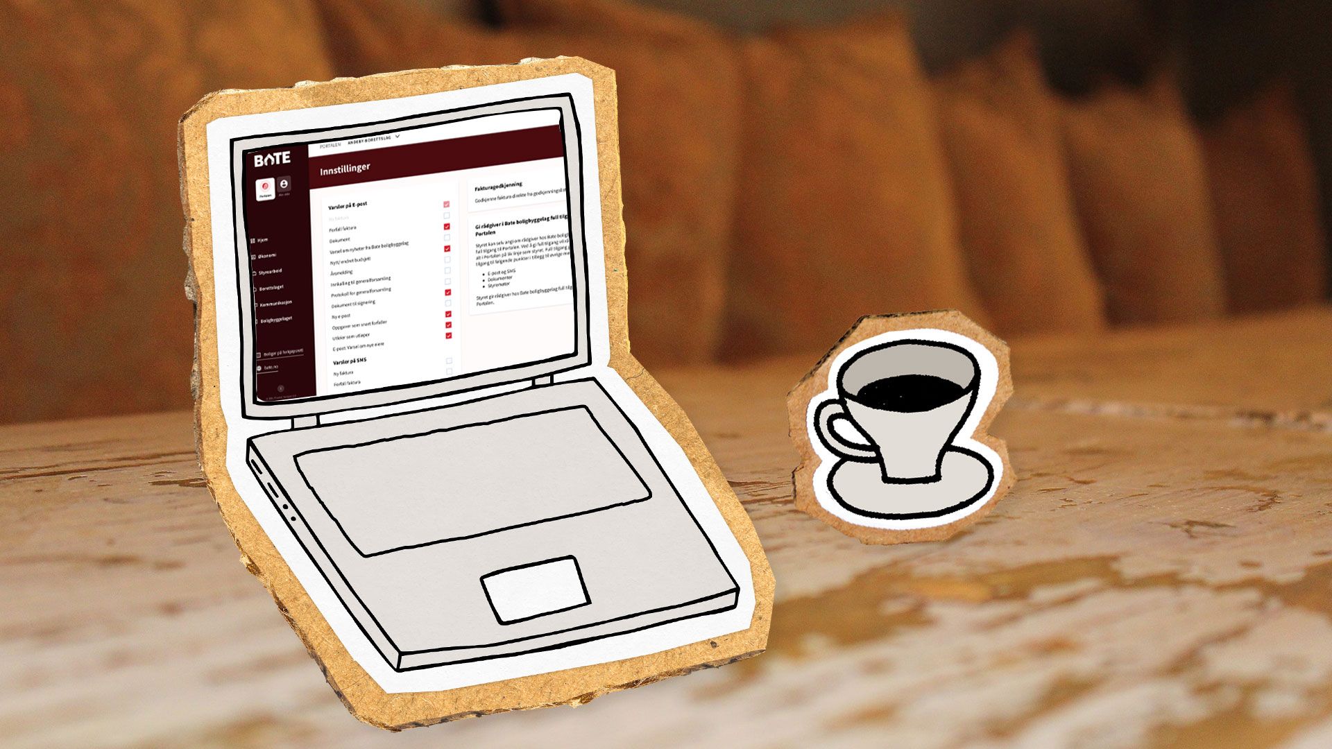 Illustrasjon av pc og kaffekopp på bord