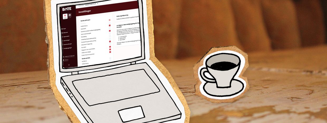 Illustrasjon av pc og kaffekopp på bord