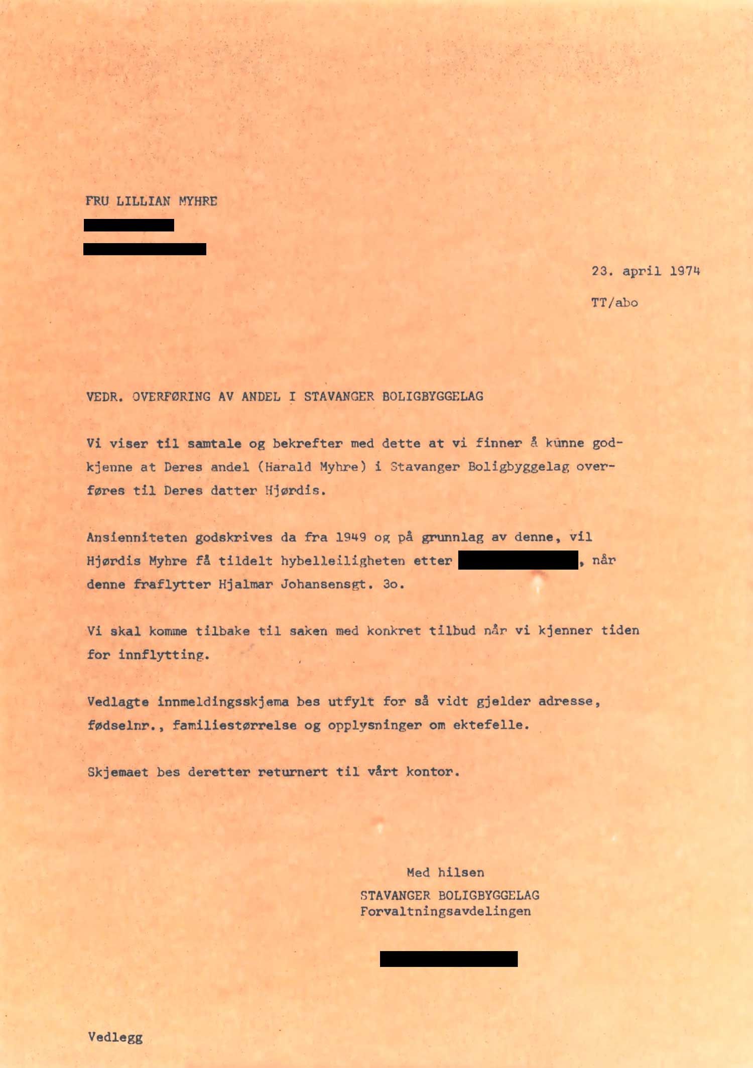 dokument om overføring av andel i borettslag fra 1974