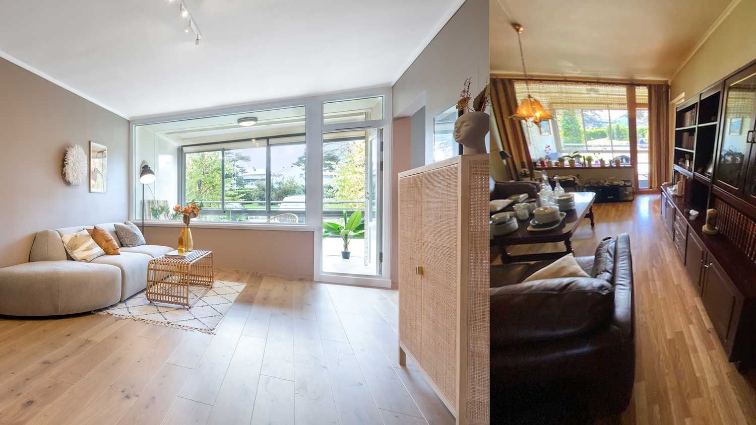 før og etter bilde av stuen i en bolig