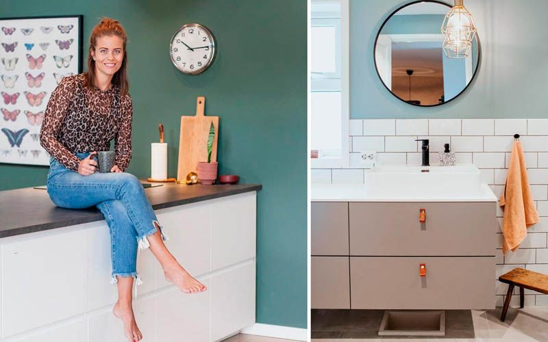 kvinne sitter på kjøkkenbenk og servant på bad